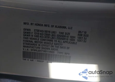 2019 Honda Odyssey Ex-L z USA, uszkodzony, nr VIN 5FNRL6H71KB114533